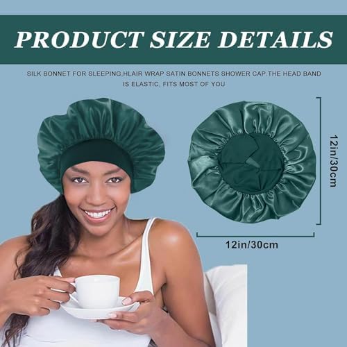 4PCS Silk Satin Bonnets for Black Women & Men - Elastic Wide Band Hair Wrap Cap for Curly Hair - Shower Cap for Sleeping (Black, Peacock Blue, Pink, Khaki) - Image 2