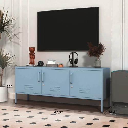 Blue Industrial Metal TV Stand with Lockable Storage Cabinet, Wide 3-Door Media Console, Adjustable Shelves, Multipurpose Accent Cabinet for Living Room Bedroom Home Office - Image 2
