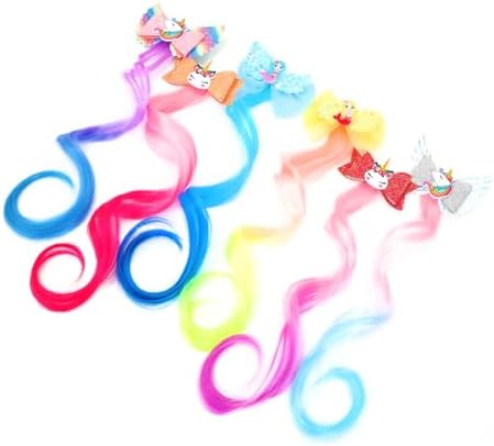 6 Pcs Hair Accessories for Girls,Bows for Girls,Unicorn Hair Clips with Colorful Ombre Hair Extensions, Glitter Bow Design - Image 2