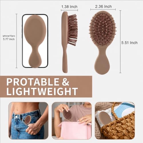 Mini Hair Bursh for Kids Women and Men, Protable Travel Size Hair Brush for Pockets Purse backpack, Mini Detangler Brush for All Hair Types, Small Hair Brush for Detangling(Brown) - Image 2