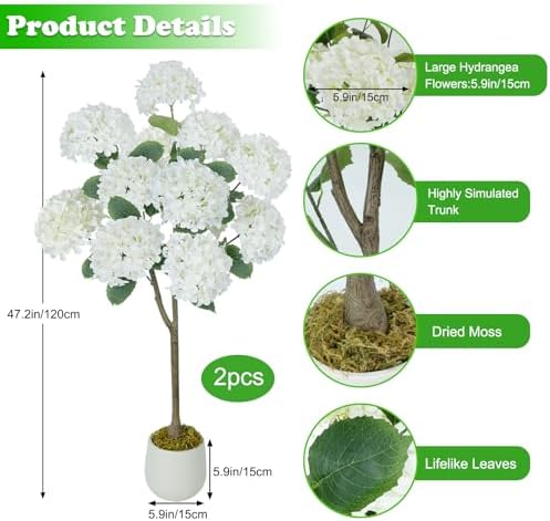 GTIDEA 2 Pcs 4Ft Artificial Hydrangea Tree Potted Plants, Fake Flowers Tree - Image 2