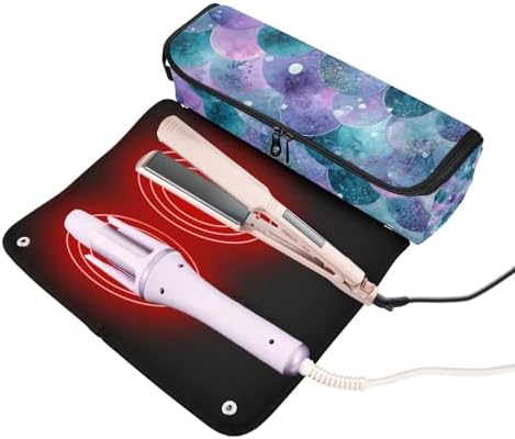 Hair Tools Travel Bag with Heat Resistant Mat 2-in-1 Hot Tools Travel Bag Organizer Flat Curling Iron Travel Case for Straightener Watercolor Mermaid Scales Dots Purple - Image 2