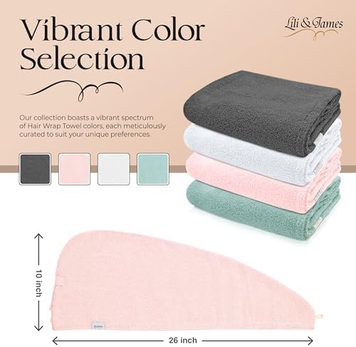 Lili&James 100% Cotton Hair Towel Wrap for Women/Kids | Quick Dry, Soft & Absorbent 420-GSM Hair Wrap Towels with Double Button | Anti Frizz, Non Microfiber Hair Turbans for Curly, Long Hair (Pink) - Image 2