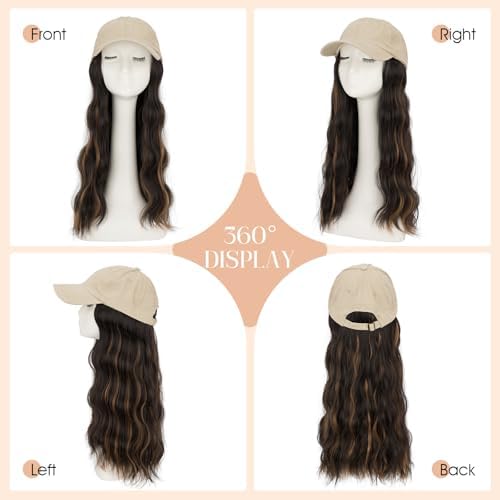Rich Choices Hat Wigs for Women,Khaki Baseball Cap with Hair Extensions for Women,Caps with Wavy Curly Long Hair Attached Adjustable Baseball Cap Wig 18 Inch Highlighted Dark Brown Hair - Image 5