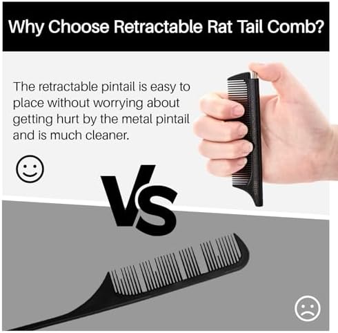 RHOS Carbon Retractable Rat Tail Comb for Parting and Styling, Hair Cutting and Braiding - Stainless Steel Pin Tail Comb, Black - Image 4