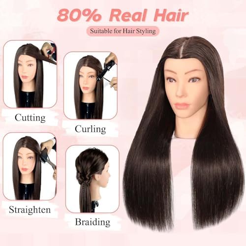 Mannequin Head Human Hair, 80% Real Hair Cosmetology Manikin Head for Practice Braiding Hairstyling Cutting with Free Clamp Holder and Tools (Dark Brown) - Image 3