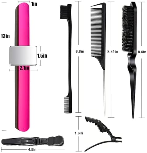 Magnetic Wristband for Hair Stylist, 10 Pieces Hair Braiding Tool with Edge ＆Teasing Brush, Rat Tail Comb ＆Alligator Clip, Braider Wristband for Black Hair, Silicone Sewing Pincushion (Hot Pink) - Image 6