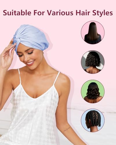 HFRHTGY Adjustable Silk Satin Hair Bonnet for Sleeping, Double Layer Hair Wrap Sleep Cap Turban for Women Men, Curly Straight Braid Unisex (Misty Sky Blue 88) - Image 6