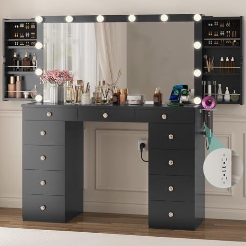 Likein Black Makeup Vanity with Lighted Mirror, 11 Drawers Dressing Table by Likein