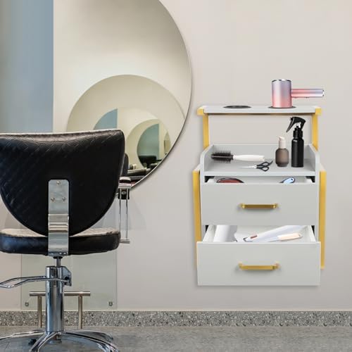 Wall Mount Styling Station,Salon Storage Station Cabinet with Drawers,Beauty Barber Salon Storage Organizer 2 Hair Dryer Holders for Hair Stylist,Barber Shop,Home (Grey,Gold) - Image 3