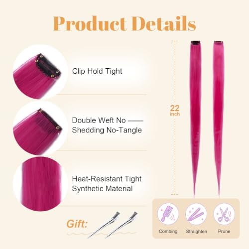 Hot Pink Colored Clip in Hair Extensions, Synthetic Hair for Girls - Image 4
