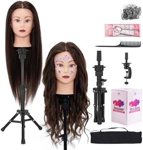 28" Mannequin Head with 80% Real Hair,Cosmetology Manikin Practice Doll Head,Braiding Head with Tripod Stand with Table Clamp + DIY Hair Styling Set #4 by NeverlandBeautyHealth
