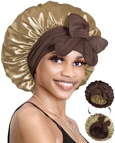 BONNET QUEEN Silk Bonnet for Sleeping Satin Bonnet with Tie Hair Wrap Double Layer Sleep Cap for Women Curly Hair, Brown Yellow by BonnetQueen