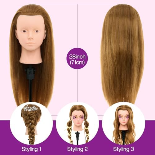 28Inch Mannequin Head with 80% Real Human Hair- Cosmetology Mannequin Head with Hair for Makeup Braiding Curling Cutting, Make up Doll head for Styling with Table Clamp Hair Styling Set (Blonde) - Image 3