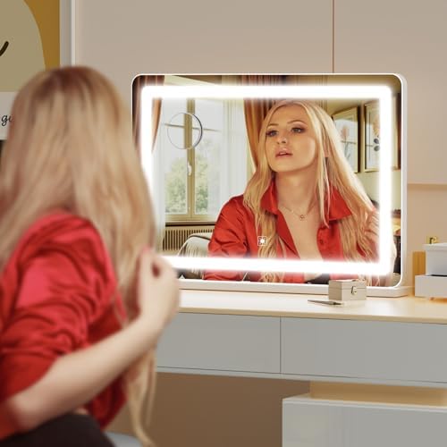 Gvnkvn Makeup Vanity Mirror with USB Charging Port 24" x 19" Large LED Makeup Mirror, Desk Mirorr with Lights, Light up Mirror with 10X Magnification and, Dimmable 3 Modes, Touch Control White - Image 6