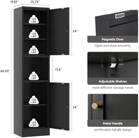 YAUWOH 2-Door Metal Storage Cabinet, Tall Slim Pantry Organizer with 3 Adjustable Shelves (120LBS/Shelf), Anti-Tipping Waterproof Cabinet for Bathroom/Kitchen/Home Office/Small Spaces, (1PC,Black) - Image 3