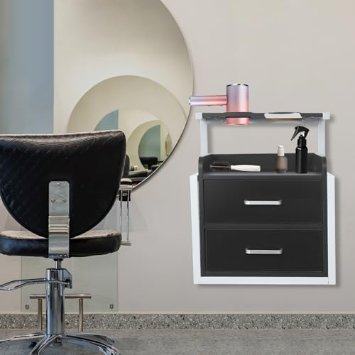 Bepritm Suspended Salon Station, Wall Mounted Salon Cabinet with 2 Drawers & Hair Dryer Stand, Wall Mounted Salon Storage Cabinet for Hair Salon, Bathroom, Bedroom (Black+Silver) - Image 2
