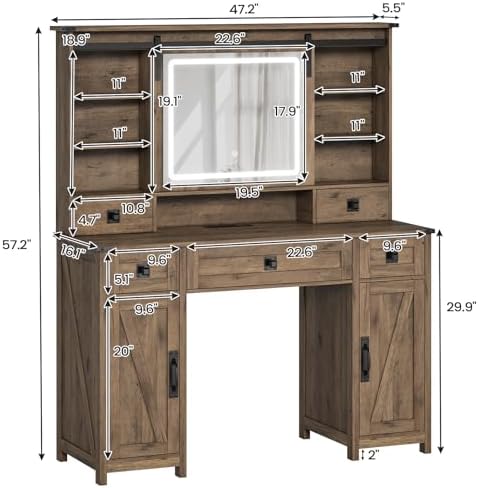 AOGLLATI Farmhouse Makeup Vanity Desk with Lights & Charging Station,Vanity Desk with Mirror and Lights, 47.2” Large Brown Vanity Table with Ample Storage Space and Sliding Mirror (Oak Brown) - Image 2