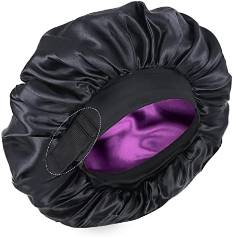 Silk Bonnet for Sleeping Double Layer Satin Bonnet Adjustable Bonnets for Black Women Sleep Cap Reversible Hair Bonnet for Curly Hair (Black and Purple) by XRACEPHOL