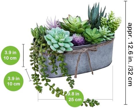 Winlyn 10" Artificial Succulent Arrangement Centerpiece Fake Succulent Plants in Rustic Metal Oval Planter Faux Potted Succulents for Home Office Bedroom Table Windowsill Shelf Mantel Decor - Image 2