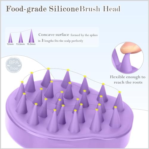 FREATECH Hair Scalp Massager Shampoo Brush with Soft Silicone Bristles for Scalp Care and Hair Growth, Shower Head Scalp Scrubber Exfoliator for Dandruff, Wet & Dry for Men, Women and Kids, Purple - Image 3