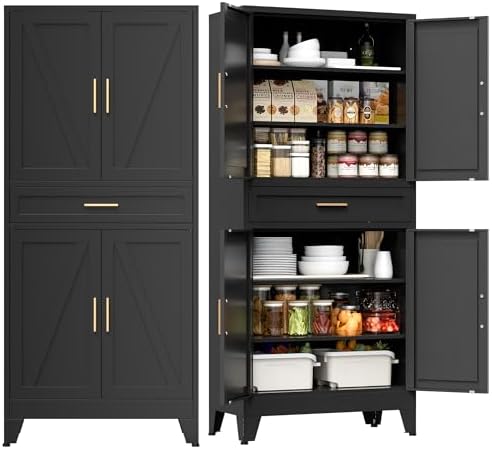 COFaR 71" Tall Metal Storage Cabinet with 4 Doors and 4 Adjustable Shelves, 6-Tier Farmhouse Storage Cabinet with Drawers and Legs, for Office, Home, Garage, Gym, School, Living Room, Hallway（Black） by COFAR