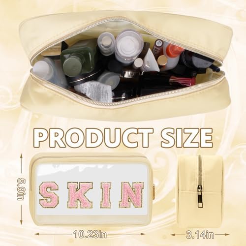 Iqimott Clear Patch Makeup Bag Skin Pouch, Preppy Personalized Chenille Letter Cosmetic Pouch for Travel, Nylon Waterproof Organizer Skin Care Zipper Toiletry Bags for Women Girls(Beige) - Image 2