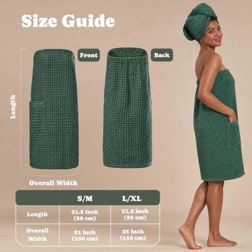 Luxury Organic Japanese Cotton Waffle Body Towel Wrap for Women | Sauna, Spa, Onsen, Shower Towel with Adjustable Snap Closure and Pocket | Ultra Plush 450 GSM (Forest Green, S/M) - Image 6