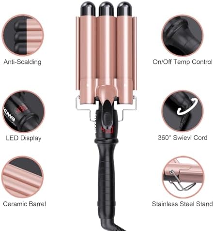 kuwa Crimper Hair Tool,3 Barrel Curling Iron,hairCrimper for Women,Hair Waver with LCD Temperature Display,Long-Lasting Natural Tight Waves - Image 7