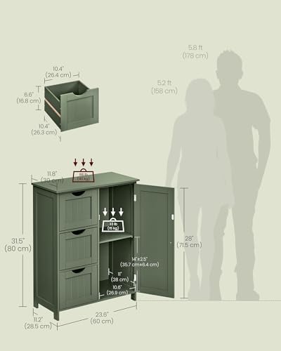 VASAGLE Bathroom Floor Storage Cabinet, 3 Drawers, Forest Green - Image 3