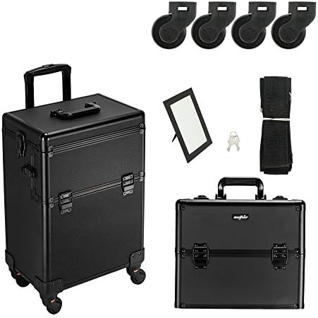 mefeir 2 in 1 Rolling Makeup Train Case Professional Cosmetic trolley on Wheels Aluminum Nail Cart Cosmetic Suitcase for professional makeup artist, Luggage Lockable w/4 Removable Wheels (Black) - Image 4