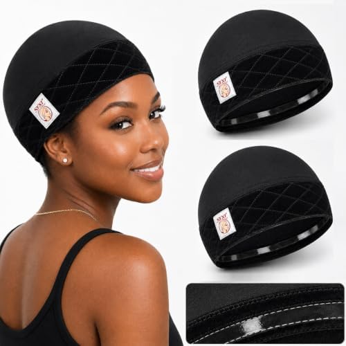 2 Pack Wig Grip Caps for Women Non Slip, 2-in-1 Modal Wig Cap with Velvet Grip Band & Silicone Grip, Hair-Friendly Short Hook Closure, Black Glueless Wig Cap for Lace Front Wigs, Fits 18.5-23 Inch by SYXI