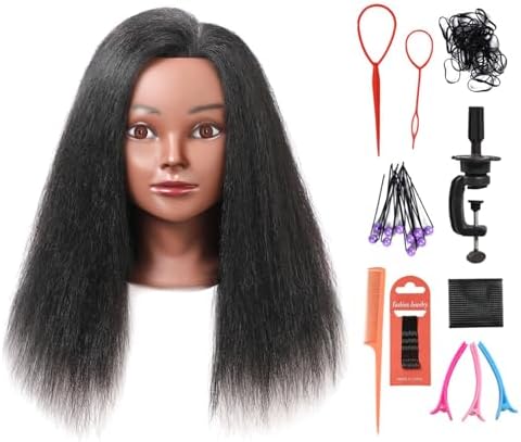 Mannequin Head with 100% Real Hair, 14" Cosmetology Mannequin Manikin Training Practice Doll Head for Hairdresser Braiding Hair Styling Hairdressing and Clamp Holder- Black by Armmu