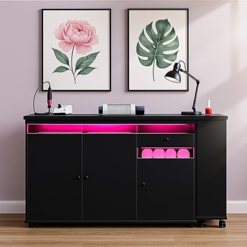 L-Shaped Manicure Table with Dust Collector & LED Light (Black) - Image 7