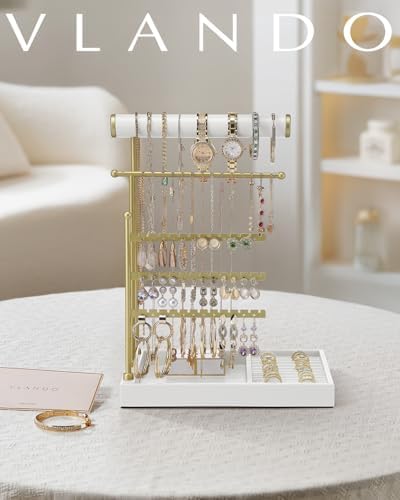 VLANDO Jewelry Stand Organizer with Ring Holder, Jewelry Holder Organizer with Tray, Necklace Holder Bracket Holder Earring Holder - White - Image 2