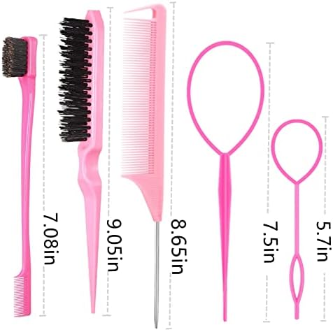 5Pcs Slick Back Brush Set with Topsy Tail Tool, Teasing Bristle, Rat Comb for Women & Girls Hair Styling, Flyaways Control and Edge Combing - Pink - Image 7