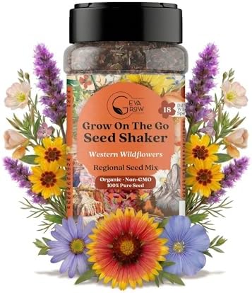 on the Go Seed Shaker - Western Wildflower Seeds Regional Mix - Organic, Non-GMO - 100% Pure Seed - 18 Different Wildflowers Seeds of Annual and Perennial, 8oz by GevaGrow