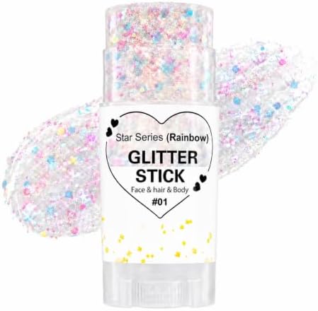 Rainbow White Hair Glitter Stick for Kids, Face Body Glitter Stick for Halloween Mermaid Fairy Costume Makeup, Chunky Sequins Rave Outfit for Women, Mardi Gras Accessories, Cheer Concert Cosplay by Yeweian