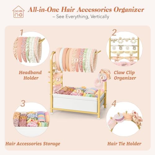 Keebofly Headband Holder Stand - Versatile Organizer for Scrunchies, Bows & Claw Clips - Compact Hair Accessories Storage for Girls, Women, Babies,Golden - Image 2