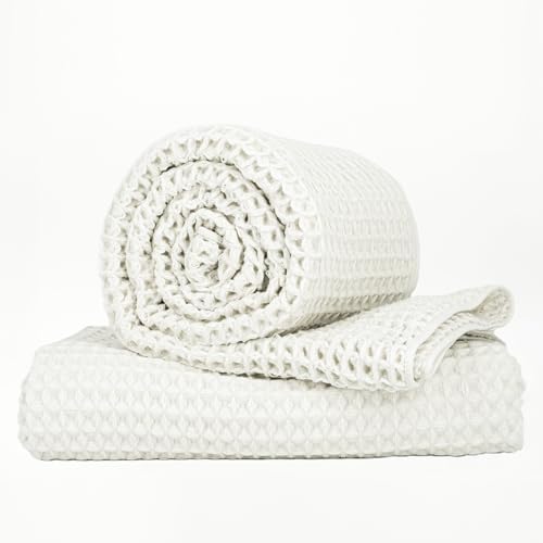 Luxury Organic Japanese Cotton Waffle Bath Towel | Thick, Absorbent, Quick Dry Bathroom Towels for Shower, Sauna, Onsen| Hotel & Spa Quality, Gift-Ready (Shell White, Bath Towel (Set of 2)) by KOSMU