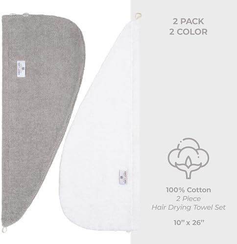 American Soft Linen 100% Cotton Hair Towels for Women, Head Towel Cap, Cotton Hair Turban Towel Wrap for Hair, Soft and Absorbent Cotton Hair Towels 2 Pack, White-Light Gray - Image 5
