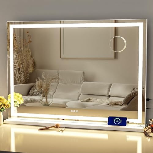 Gvnkvn Makeup Vanity Mirror with Lights 32" x 24" Large LED Makeup Mirror, Light up Mirror with 10X Magnification and USB Charging Port, Dimmable 3 Modes, Touch Screen Control Square Corner by Gvnkvnlightupyourhome