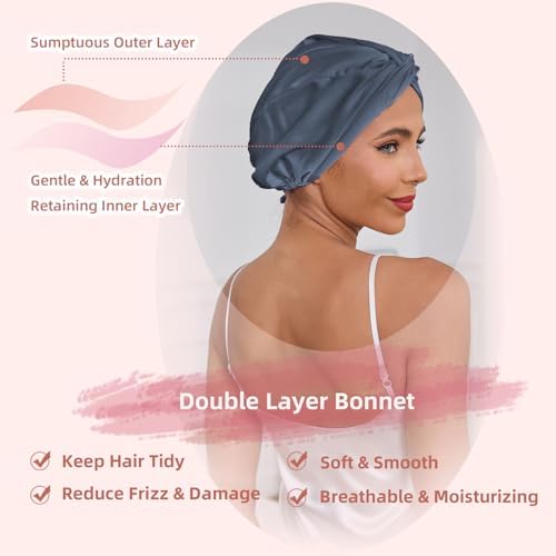 Adjustable Silk Satin Hair Bonnet for Sleeping Women, Double Layer, Silk Hair Wrap for Sleeping Women Men, Curly Natural Braid Straight Unisex - Slate Blue - Image 3
