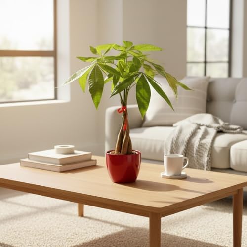 Money Tree Live Plant | 14-22 Inches Tall Bonsai | Easy to Grow Indoor Houseplant | Home, Office, or Room Decor | Birthday, Housewarming Gift (Red) - Image 4