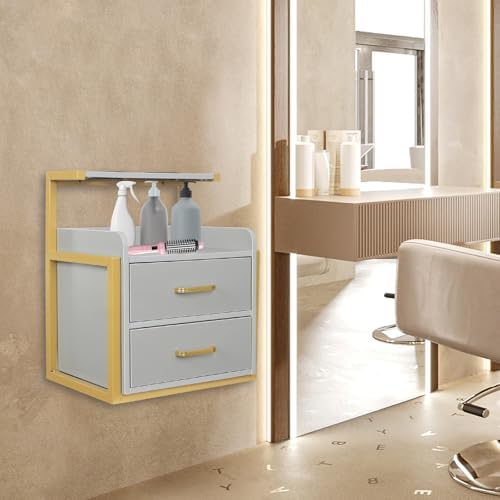 Wall Mount Styling Station,Salon Storage Station Cabinet with Drawers,Beauty Barber Salon Storage Organizer 2 Hair Dryer Holders for Hair Stylist,Barber Shop,Home (Grey,Gold) by WUPYI