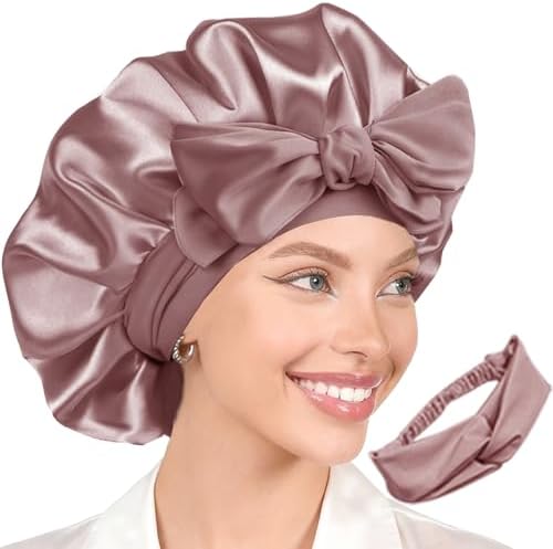 2Pcs Womens Silk Satin Bonnet For Sleeping Hair Bonnets Adjustable Soft Band Silky Sleep Cap Hairs Wrap For Women by WJingYiJia