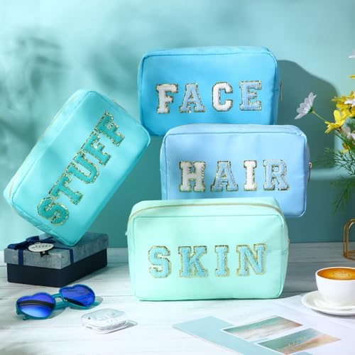 Remerry 4 Pcs Nylon Makeup Bags Waterproof Spacious Travel Cosmetic Bag for Women Chenille Letter Preppy Zipper Pouch Face Stuff Skin Hair Organizer Gift(Blue Green Colors) - Image 3