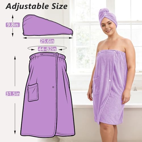 Women’s Plus Size Towel Wrap with Hair Towel (2XL-4XL), Oversized Shower Body Wrap Bathrobe, Soft Quick-Dry Hair Drying Towel for Spa Use Light Purple - Image 2