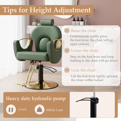 Reclining Barber Salon Chair for Hair Stylist, Professional Hair Stylist Chairs with Heavy Duty Hydraulic Pump, Hairdresser Braiding Styling Shampoo Chair for Spa Home Euipment, Dark Green Gold - Image 4