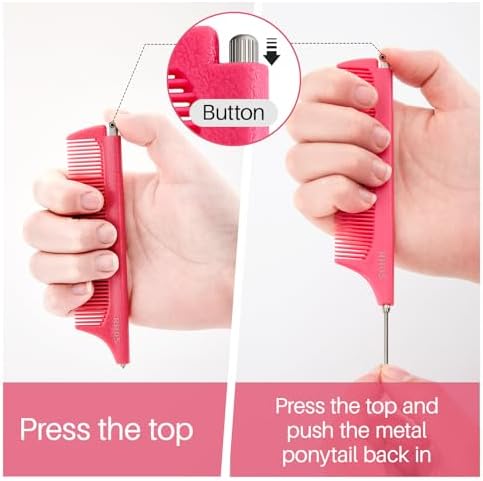 RHOS Retractable Fine Tooth Comb for Hair Parting, Styling, Cutting and Braiding - Carbon and Stainless Steel Pin Tail Comb (Pink) - Image 2